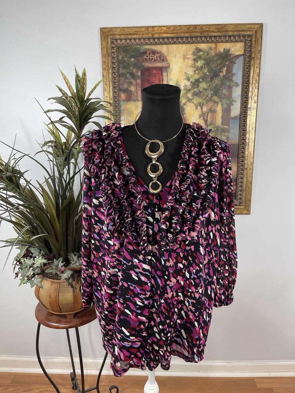 APT. 9 Women’s 1X Ruffle Front Blouse Pink Purple Abstract Print Mesh Whimsigoth